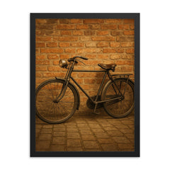 Vintage bicycle leaning against a weathered brick wall framed print mockup 18x24