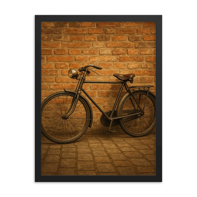 Vintage bicycle leaning against a weathered brick wall framed print mockup 18x24