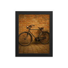 Vintage bicycle leaning against a weathered brick wall framed print mockup 8x10