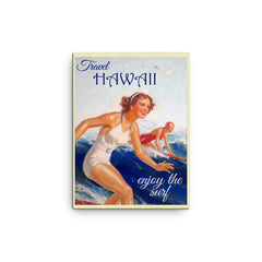 Vintage Hawaii travel poster canvas print on a plain backdrop in size 12"x16".