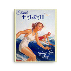 Vintage Hawaii travel poster canvas print on a plain backdrop in size 16"x20".