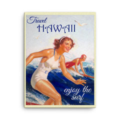 Vintage Hawaii travel poster canvas print on a plain backdrop in size 18"x24".