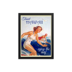 Vintage Hawaii travel poster framed print on a plain backdrop in size 12"x16".