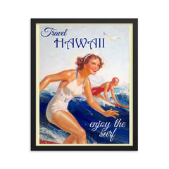 Vintage Hawaii travel poster framed print on a plain backdrop in size 16"x20".
