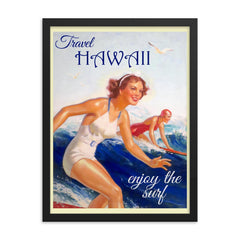 Vintage Hawaii travel poster framed print on a plain backdrop in size 18"x24".
