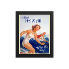 Vintage Hawaii travel poster framed print on a plain backdrop in size 8"x10".