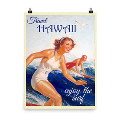 Vintage Hawaii travel poster poster on a plain backdrop in size 8"x10".