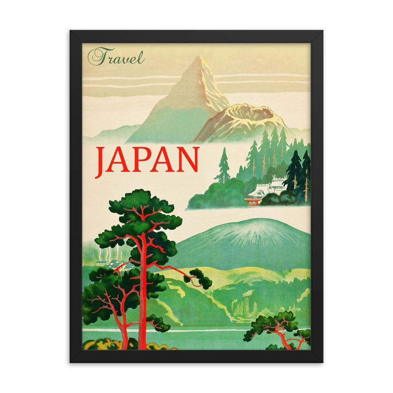 Vintage Japan travel poster framed print on a plain backdrop in size 18