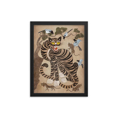 Vintage Korean Minhwa Tiger and Magpie framed print on a plain backdrop in size 12"x16".