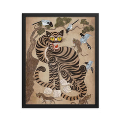 Vintage Korean Minhwa Tiger and Magpie framed print on a plain backdrop in size 16"x20".