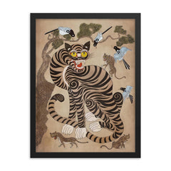 Vintage Korean Minhwa Tiger and Magpie framed print on a plain backdrop in size 18"x24".
