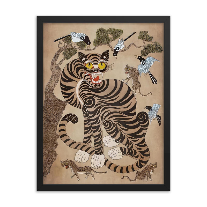 Vintage Korean Minhwa Tiger and Magpie framed print on a plain backdrop in size 18