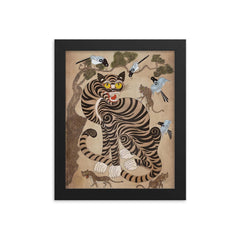 Vintage Korean Minhwa Tiger and Magpie framed print on a plain backdrop in size 8"x10".