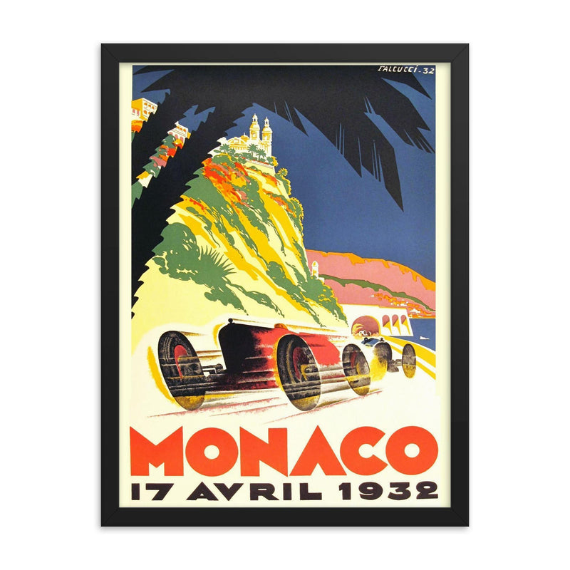 Vintage Monaco Grand Prix travel poster framed print on a plain backdrop in size 18