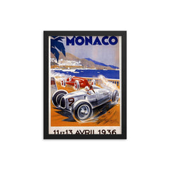 Vintage Monaco Monte Carlo travel poster framed print on a plain backdrop in size 12"x16".