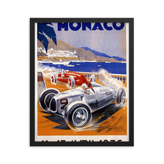 Vintage Monaco Monte Carlo travel poster framed print on a plain backdrop in size 16"x20".