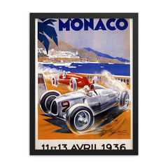 Vintage Monaco Monte Carlo travel poster framed print on a plain backdrop in size 18"x24".