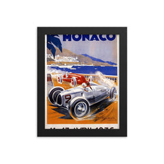 Vintage Monaco Monte Carlo travel poster framed print on a plain backdrop in size 8"x10".