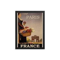Vintage Paris France travel poster framed print on a plain backdrop in size 12"x16".