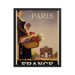 Vintage Paris France travel poster framed print on a plain backdrop in size 16"x20".