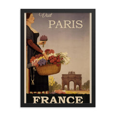 Vintage Paris France travel poster framed print on a plain backdrop in size 18"x24".