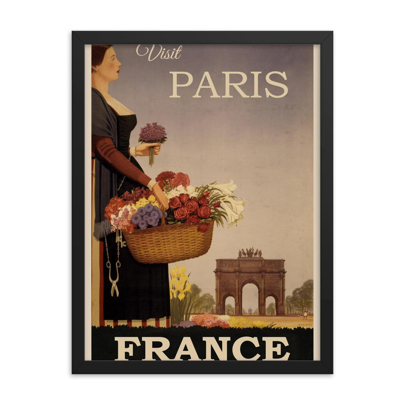 Vintage Paris France travel poster framed print on a plain backdrop in size 18