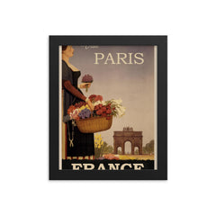 Vintage Paris France travel poster framed print on a plain backdrop in size 8"x10".