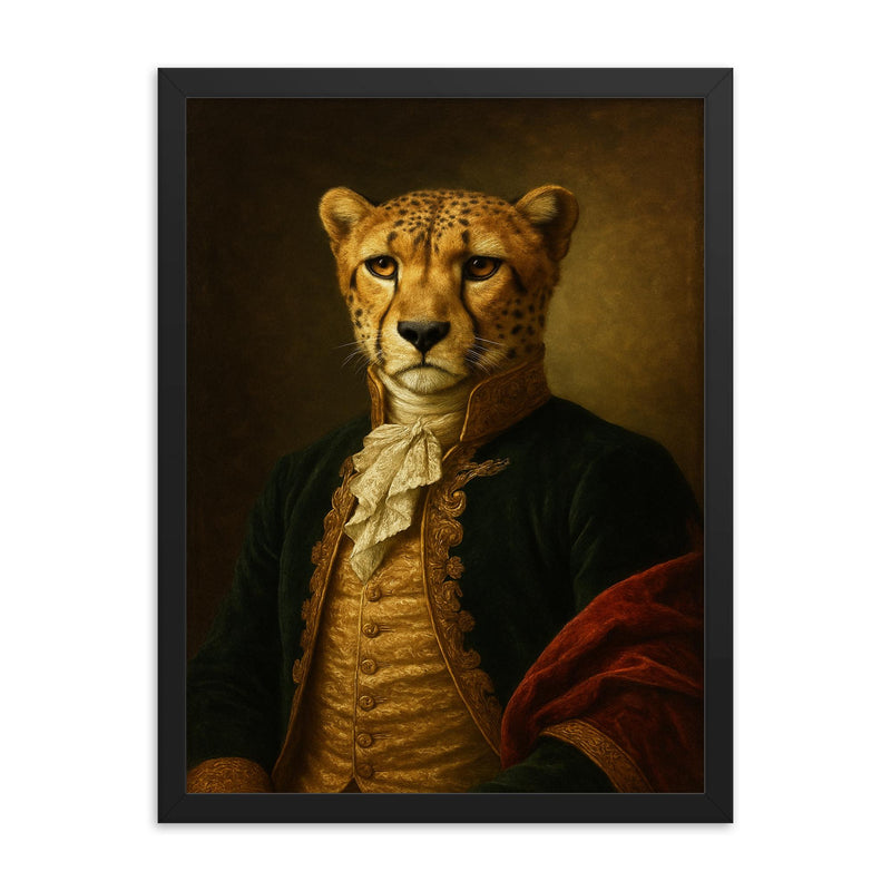 Vintage portrait of a cheetah in regal dress framed print on a plain backdrop in size 18