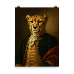 Vintage portrait of a cheetah in regal dress poster on a plain backdrop in size 8"x10".
