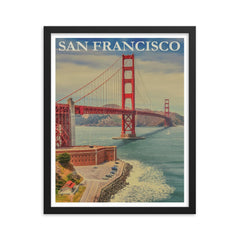 Vintage San Francisco travel poster framed print on a plain backdrop in size 16"x20".