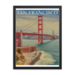 Vintage San Francisco travel poster framed print on a plain backdrop in size 18"x24".