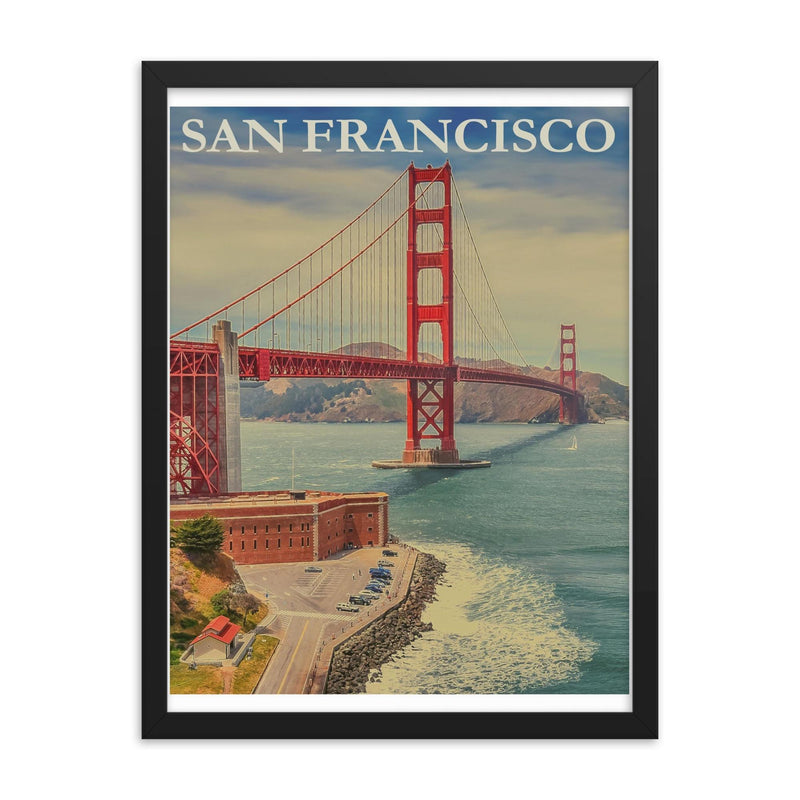 Vintage San Francisco travel poster framed print on a plain backdrop in size 18