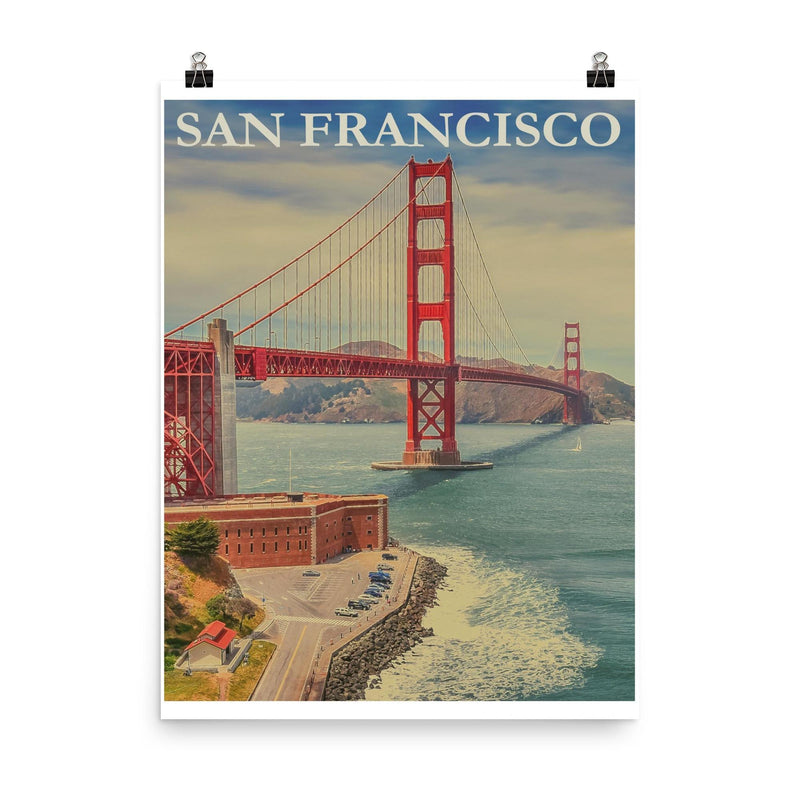 Vintage San Francisco travel poster poster on a plain backdrop in size 8