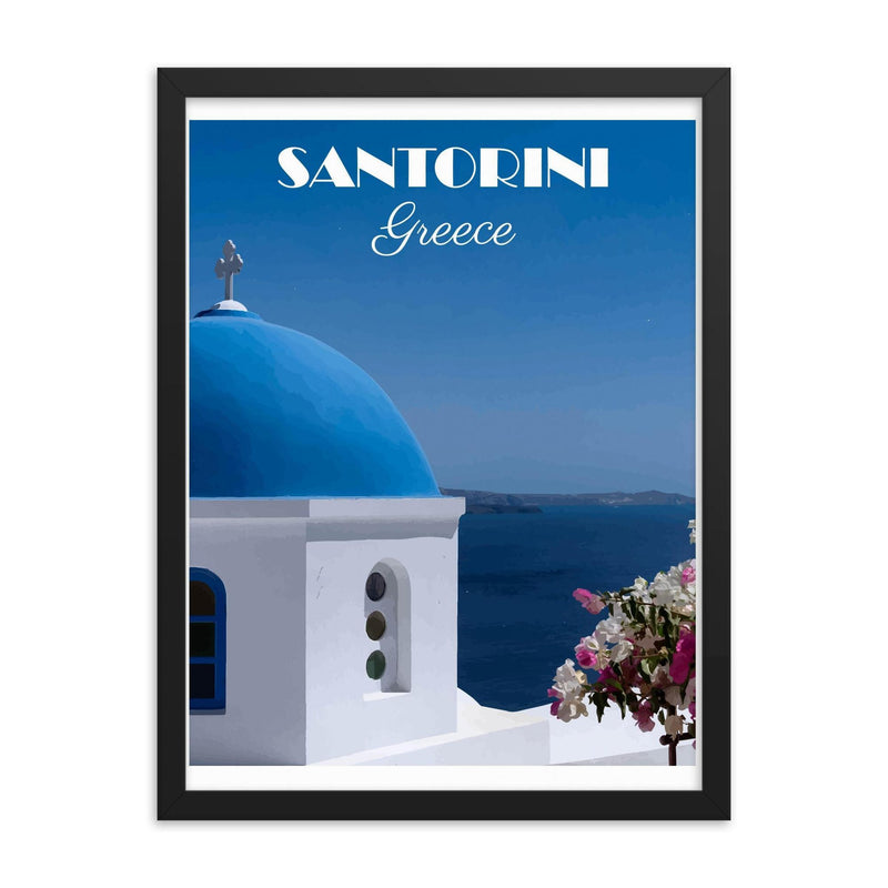 Vintage Santorini Greece travel poster framed print on a plain backdrop in size 18