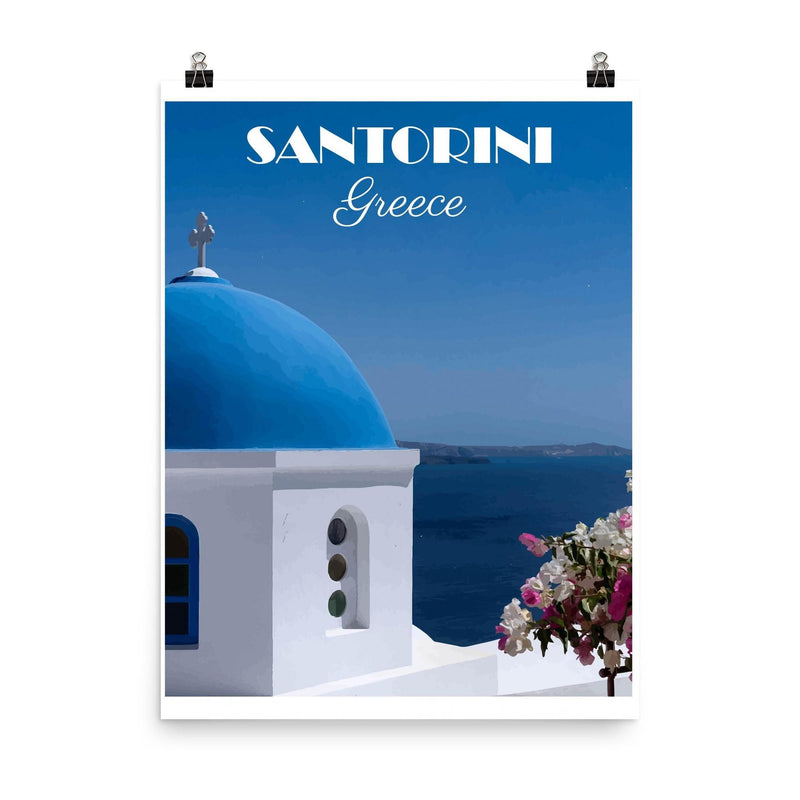 Vintage Santorini Greece travel poster poster on a plain backdrop in size 8