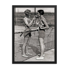 Vintage tennis photo - women tennis players smoking framed print on a plain backdrop in size 18"x24".