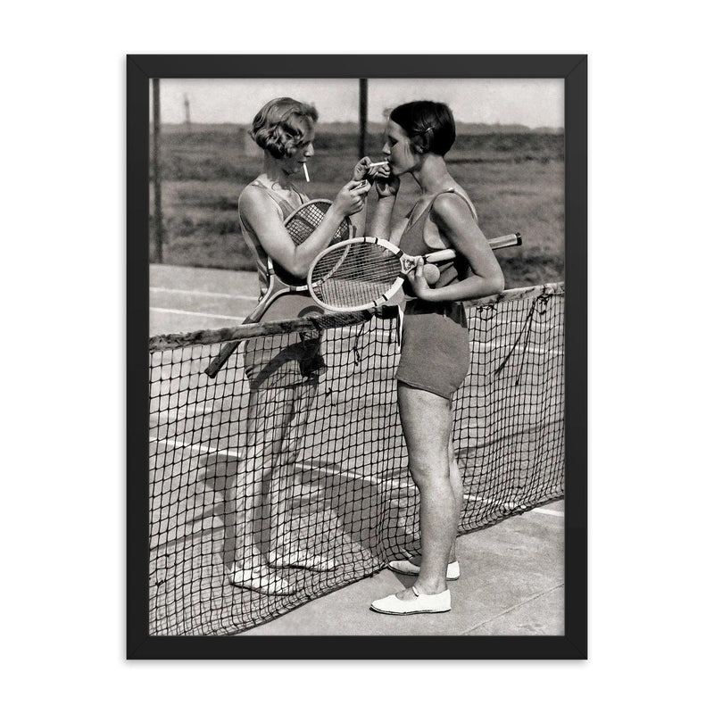 Vintage tennis photo - women tennis players smoking framed print on a plain backdrop in size 18