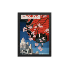 Vintage Tokyo Japan travel poster framed print on a plain backdrop in size 12"x16".