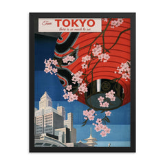 Vintage Tokyo Japan travel poster framed print on a plain backdrop in size 18"x24".