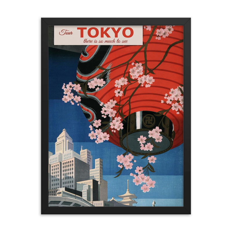 Vintage Tokyo Japan travel poster framed print on a plain backdrop in size 18