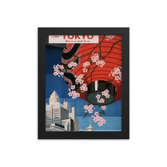 Vintage Tokyo Japan travel poster framed print on a plain backdrop in size 8"x10".