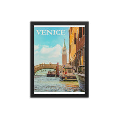 Vintage Venice Italy travel poster framed print on a plain backdrop in size 12"x16".