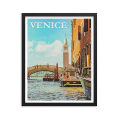 Vintage Venice Italy travel poster framed print on a plain backdrop in size 16"x20".