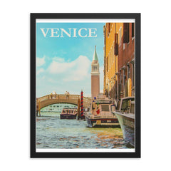 Vintage Venice Italy travel poster framed print on a plain backdrop in size 18"x24".