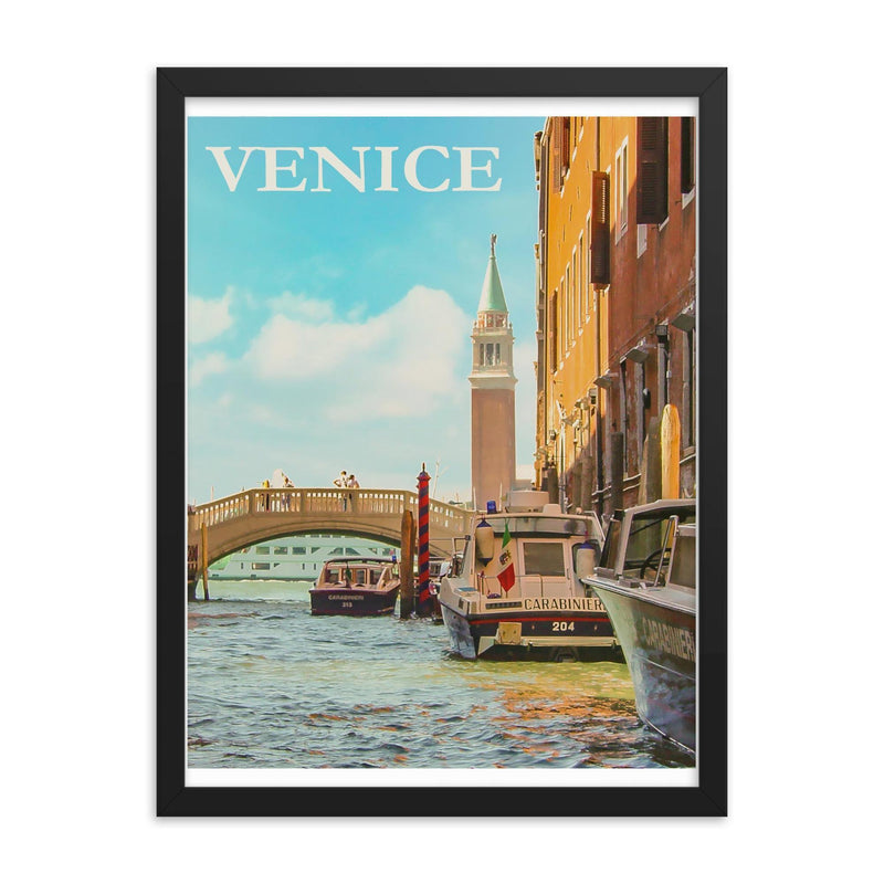 Vintage Venice Italy travel poster framed print on a plain backdrop in size 18