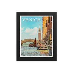 Vintage Venice Italy travel poster framed print on a plain backdrop in size 8"x10".