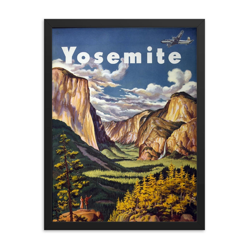 Vintage Yosemite travel poster framed print on a plain backdrop in size 18