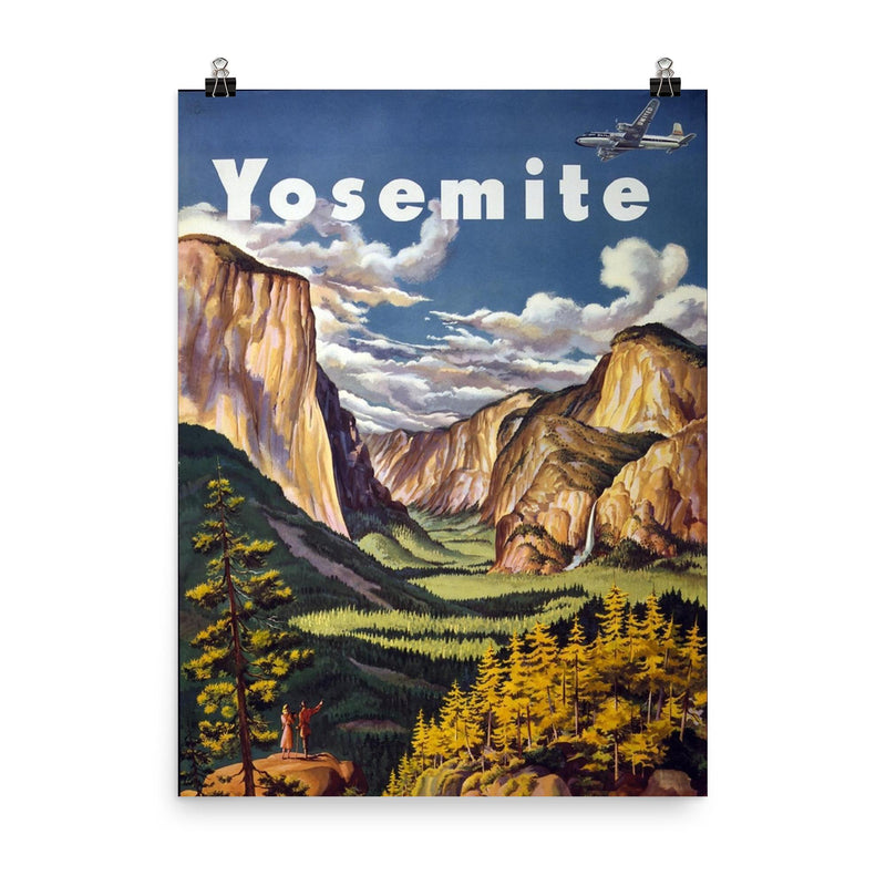 Vintage Yosemite travel poster poster on a plain backdrop in size 8
