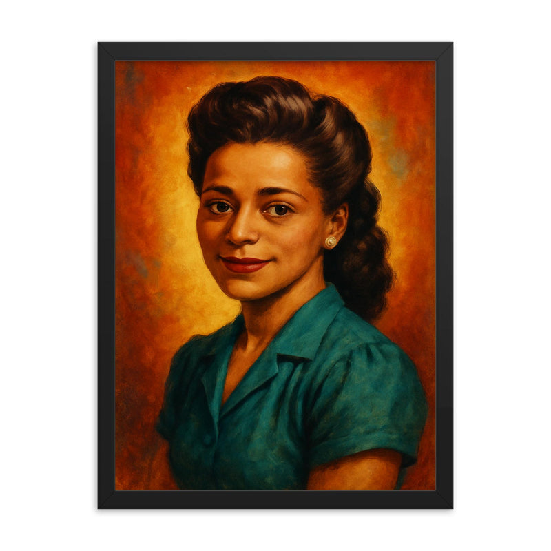 Viola Desmond framed print on a plain backdrop in size 18