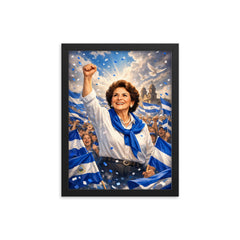 Violeta Chamorro in blue and white rally framed print on a plain backdrop in size 12"x16".
